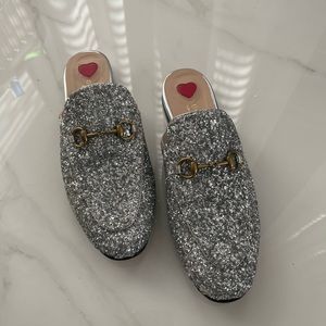 Gucci Silver Glitter Leather Princetown Flat Slide Loafers